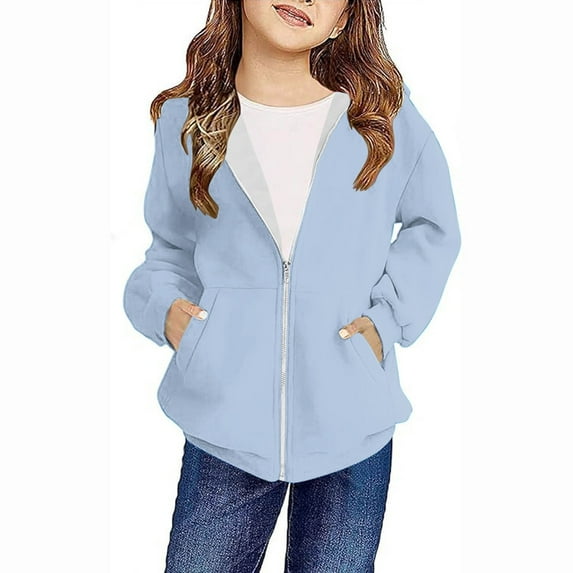 SERTG Kids Oversized Sweatshirts Full Zip Solid Color Hoodie Fall Winter Long Sleeve Pocket Casual School Tops for Children 4-12 Years(Light Blue,11 Years)