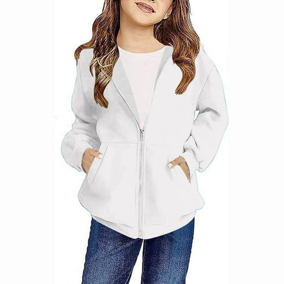 SERTG Kids Oversized Sweatshirts Full Zip Solid Color Hoodie Fall Winter Long Sleeve Pocket Casual School Tops for Children 4-12 Years(White,8 Years)