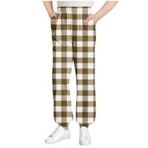 SERTG Kids Plaid Print Jogger Pants Elastic Waist Cuff Ankle Home Wear Fall Winter Casual Pants with Pockets for Boys and Girls 3-15 Years(Khaki,7-8 Years)