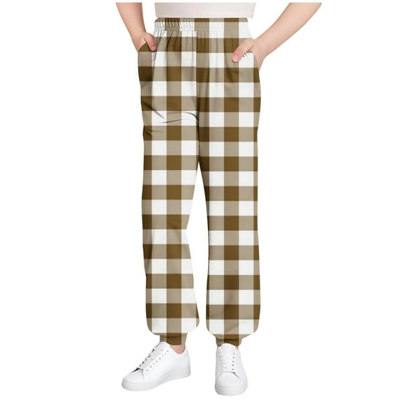 SERTG Kids Plaid Print Jogger Pants Elastic Waist Cuff Ankle Home Wear Fall Winter Casual Pants with Pockets for Boys and Girls 3-15 Years(Khaki,7-8 Years)