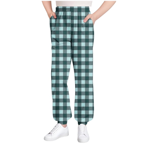 SERTG Kids Plaid Print Jogger Pants Elastic Waist Cuff Ankle Home Wear Fall Winter Casual Pants with Pockets for Boys and Girls 3-15 Years(Navy,5-6 Years)