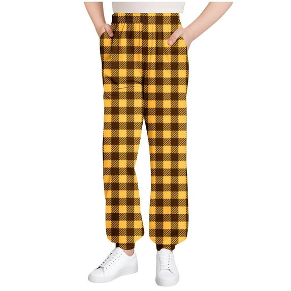 SERTG Kids Plaid Print Jogger Pants Elastic Waist Cuff Ankle Home Wear Fall Winter Casual Pants with Pockets for Boys and Girls 3-15 Years(Yellow,11-12 Years)