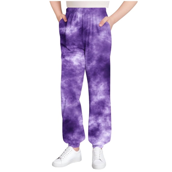 SERTG Kids Print Jogger Pants Elastic Drawstring Waist Cuff Ankle Home Sweatpants with Pockets Comfortable Casual Long Pants for Boys and Girls 3-14 Years(Purple#3,5-6 Years)