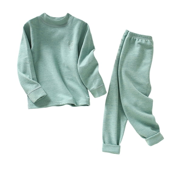 SERTG Kids Round Neck Solid Color Thermal Base Layer Top and Bottoms Pants Set Fall Winter Cozy Warm Underwear Set for Children 2-14 Years(Green#2,12 Years)