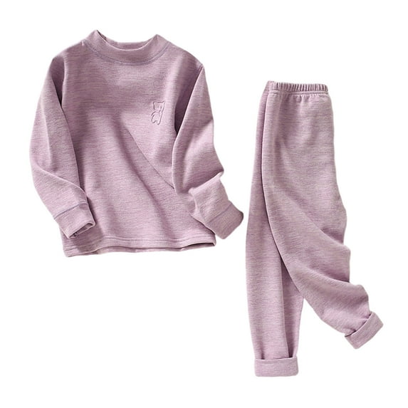 SERTG Kids Round Neck Solid Color Thermal Base Layer Top and Bottoms Pants Set Fall Winter Cozy Warm Underwear Set for Children 2-14 Years(Purple#3,7 Years)