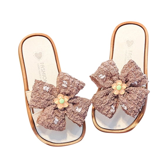 SERTG Kids Shoes Summer Bow and Flower Flops Versatile Soft Sole Casual Beach Sandals Children Non-Slip Outdoor Play and Summer Activities Comfortable Footwear(Brown,9-10 Years)