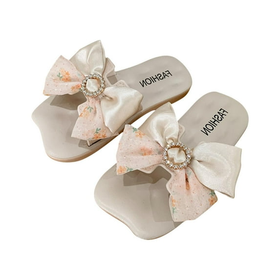 SERTG Kids Shoes Summer Pearl and Bow Leather Flops Indoor Slippers Versatile Sweet Casual Beach Sandals for Girls Daily Wear and Outdoor Play Comfortable Footwear for Warm Weather(Beige#1,7-8 Years)
