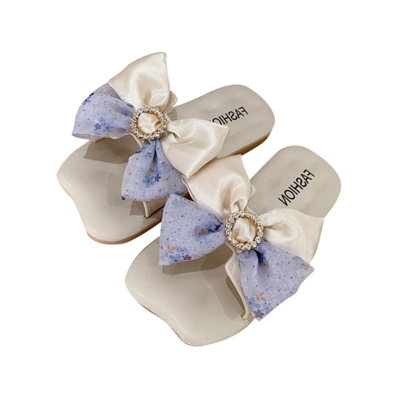 SERTG Kids Shoes Summer Pearl and Bow Leather Flops Indoor Slippers Versatile Sweet Casual Beach Sandals Girls Daily Wear and Outdoor Play Comfortable Footwear(Purple#1,7-8 Years)