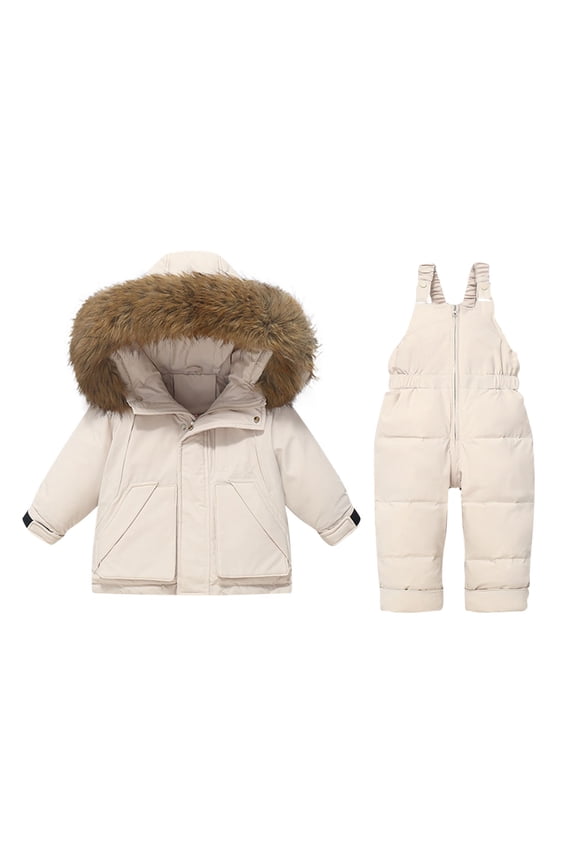 Kids Ski Suit Set Waterproof Windproof Thermal Insulated Winter Snow Play Fleece-Lined Warm Outdoor Snowsuit Coat and Jumpsuit Set(Beige#2,6-12 Months)
