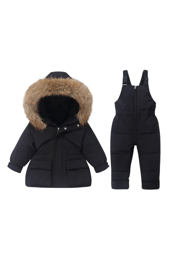 Kids Ski Suit Set Waterproof Windproof Thermal Insulated Winter Snow Play Fleece-Lined Warm Outdoor Snowsuit Coat and Jumpsuit Set(Black#1,2-3 Years)