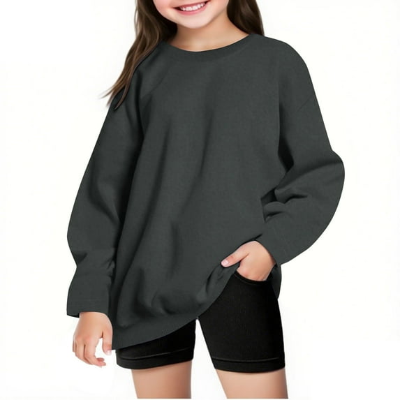 SERTG Kids Solid Color Crewneck Sweatshirt Fall Winter Leisure Fashionable Homewear Comfortable Base Shirt for Children 5-14 Years(Dark Gray,9 Years)