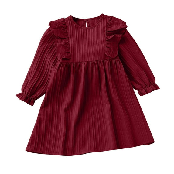 SERTG Kids Solid Color Dress Round Neck Gown Skirt Fall Winter Spring Cute Dress with Elegant Long Sleeve for Children 2-8 Years(Wine,6 Years)