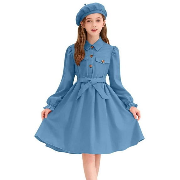 SERTG Kids Solid Color Lapel Dress Set Long Sleeve Button Down and Hat Casual Comfortable Two-Piece Skirt Outfit(Blue,12-13 Years)