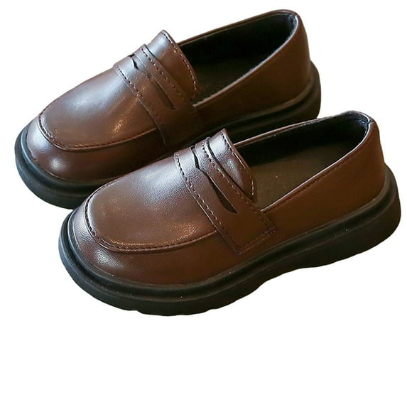 SERTG Kids Solid Color Leather Loafers British Style Casual Shoes with Hook and Loop Closure for Girls Comfortable School Footwear and Daily Wear Print Shoes(Coffee,2-2.5 Years)