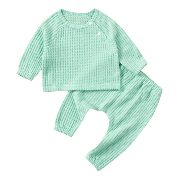 SERTG Kids Solid Color Round Neck Sweatshirt and Elastic Waist Pants Set Fall Winter Trendy Two Piece Outfit for Children 0-13 Years(Green#1,3 Months)