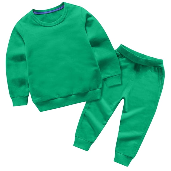SERTG Kids Solid Color Round Neck Sweatshirt and Elastic Waist Pants Set Fall Winter Trendy Two Piece Outfit for Children 0-13 Years(Green,7 Years)