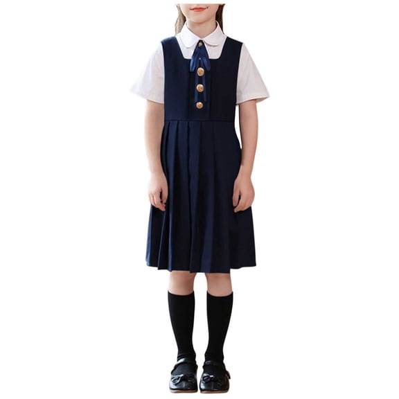 SERTG Kids Solid Color Short Sleeve Collar Top and Elastic Waist Skirt Set with Tie Spring Summer School Style Dress Outfit for Girls(Navy#2,11-12 Years)