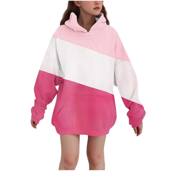 SERTG Kids Spliced Color Hooded Fashion Casual Hooded Long Sleeved Sweatshirt with Pockets Fall Winter Top Hooded Sweatshirt for Girls 3-14 Years(Hot Pink,3-4 Years)