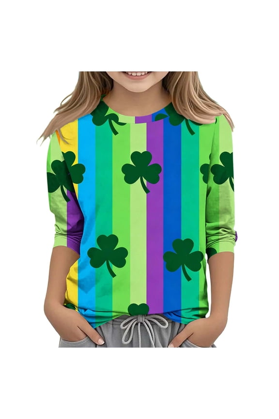 Kids St Patricks Day Creative Print Top 3/4 Long Sleeve Round Neck Casual Activity School Party Children Shirt Holiday Wear(Green,5 Years)