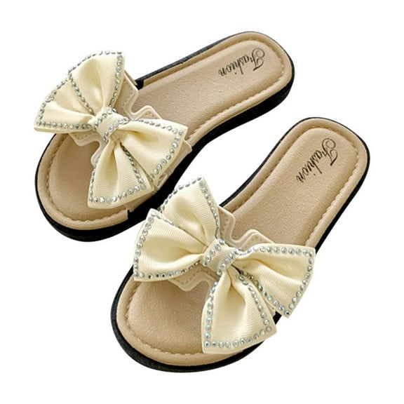 SERTG Kids Summer Bow and Pearl Non-Slip Flops Indoor Outdoor Soft Sole Casual Beach Sandals for Girls Home and Summer Activities Comfortable Footwear(Beige,3.5-4 Years)