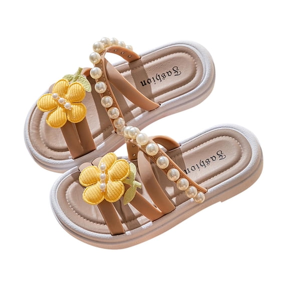 SERTG Kids Summer Fashion Flower and Pearl Vintage Sandals Wedge Heel Beach Shoes for Casual Wear and Outdoor Activities Stylish Footwear for Girls(Khaki#1,7.5-9 Years)