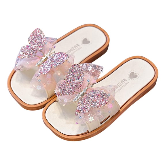 SERTG Kids Summer Glitter Bow Flops Versatile Soft Sole Casual Beach Sandals Children Non-Slip Shoes for Outdoor Play Activities Sparkly Footwear(Pink,4.5-5.5 Years)