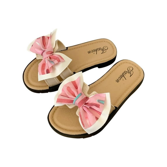 SERTG Kids Summer Stripe Bow Flops Versatile Soft Sole Non-Slip Casual Beach Sandals for Girls Outdoor Play and Daily Activities Comfortable Footwear(Pink,18-24 Months)