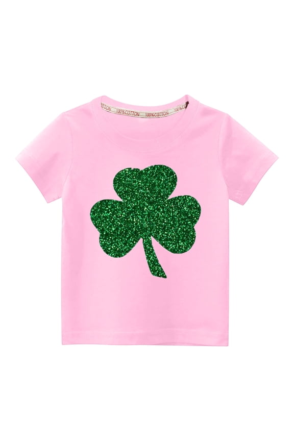 Kids Tee Luckly Irish Shamrock Print Cotton Short Sleeve Round Neck Shirts St Patricks Day Fashion Casual Summer Holiday Party Boys Girls Everyday T-Shirt(Pink#1,9 Years)