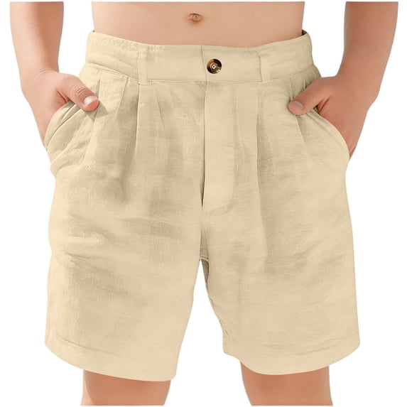 SERTG Kids Thin Cotton Shorts Elastic Waist Boys Loose Solid Color Casual Summer Wear Comfort Fit Everyday Bottoms(Beige,7-8 Years)