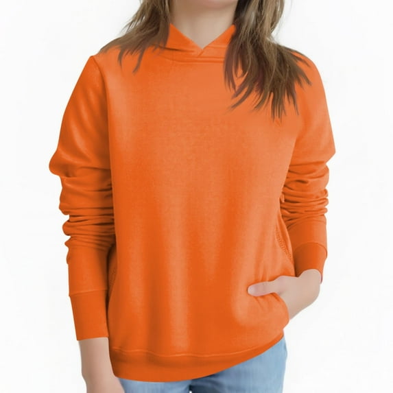 SERTG Kids Winter Hooded Tops Fashion Casual Solid Color Tops Long Sleeved Round Neck Hoodie Top for Boys and Girls 2-13 Years(Orange,11-12 Years)