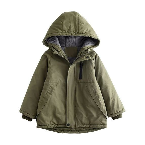 SERTG Kids Winter Parka Thickened Fuzzy Hood Windproof Solid Color Insulated Casual Outerwear for Boys and Girls 3-14 Years(Army Green,13 Years)