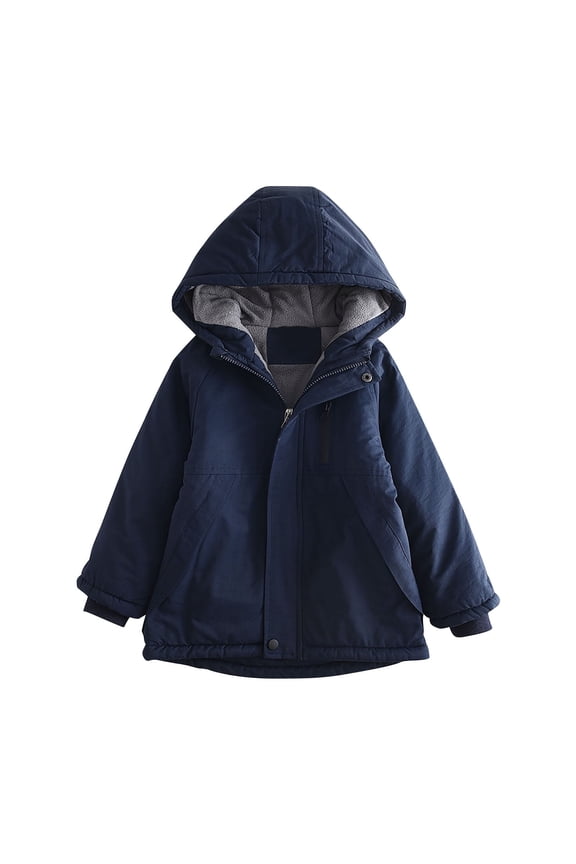 Kids Winter Parka Thickened Fuzzy Hood Windproof Solid Color Insulated Casual Outerwear for Boys and Girls 3-14 Years(Navy,7 Years)