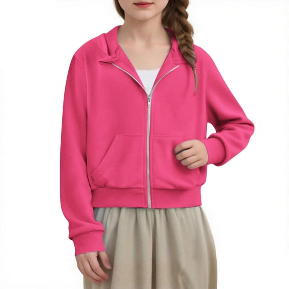SERTG Kids Zip Up Cropped Hoodies Long Sleeves Casual Sweatshirts Fall Winter Jacket With Pockets Thumb Hole for Children 4-12 Years(Hot Pink,9 Years)