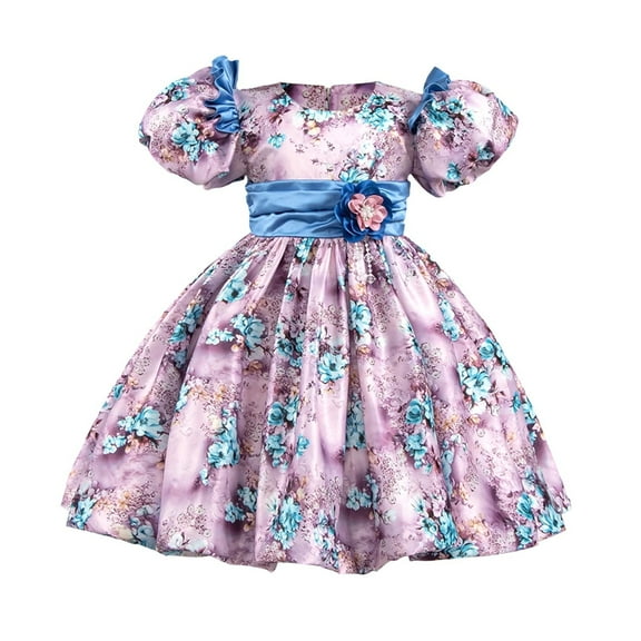 SERTG Little Girls' Cute Print Puffed Short Sleeve Dress with Back Zipper Princesse Fashionable Casual Playful Princesse Skirt Outfit for 1-9 Years(Blue,2 Years)