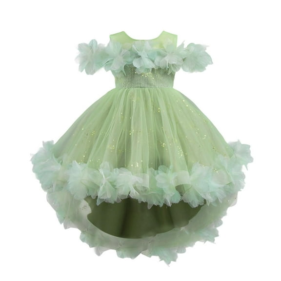 SERTG Little Girls' Party Dress Sheer Paneled Skirt with Back Zipper Short Sleeve Round Neck Princesse Outfit for 1-9 Years(Green,3 Years)