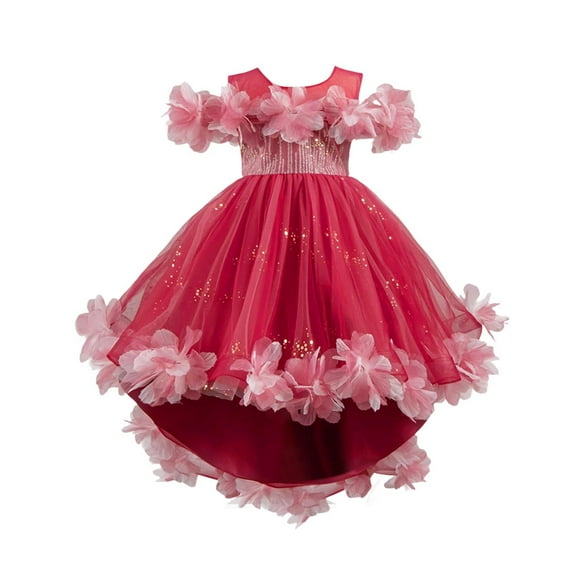 SERTG Little Girls' Party Dress Sheer Paneled Skirt with Back Zipper Short Sleeve Round Neck Princesse Outfit for 1-9 Years(Red,7 Years)