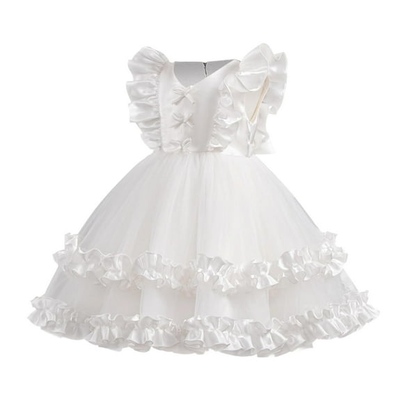 SERTG Little Girls' Party Dress Sheer Paneled Skirt with Back Zipper Short Sleeve Round Neck Princesse Outfit for 1-9 Years(White,1 Years)