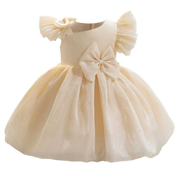 SERTG Little Girls' Party Dress Sheer Paneled Skirt with Back Zipper Short Sleeve Round Neck Princesse Outfit for 6 Months-4 Years(Beige,12 Months)