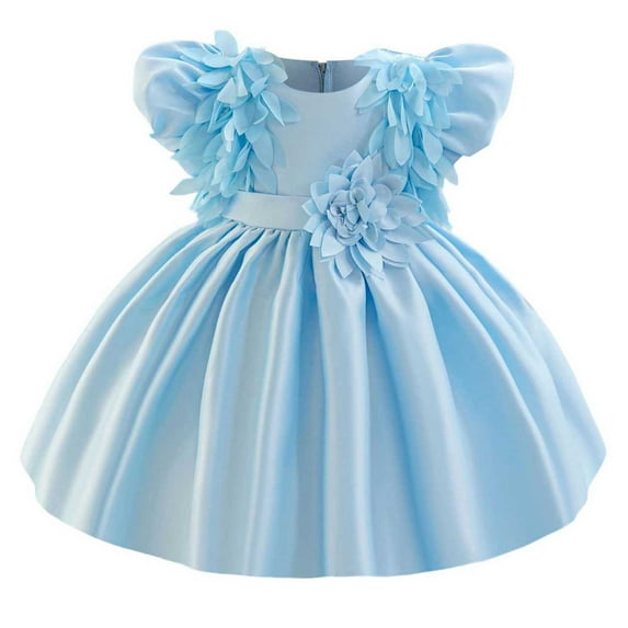 SERTG Little Girls' Party Dress Sheer Paneled Skirt with Back Zipper Short Sleeve Round Neck Princesse Outfit for 6 Months-4 Years(Blue,4 Years)