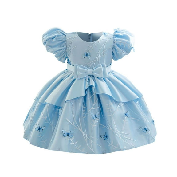 SERTG Little Girls' Party Dress Sheer Paneled Skirt with Back Zipper Short Sleeve Round Neck Princesse Outfit for 6 Months-4 Years(Blue,4 Years)