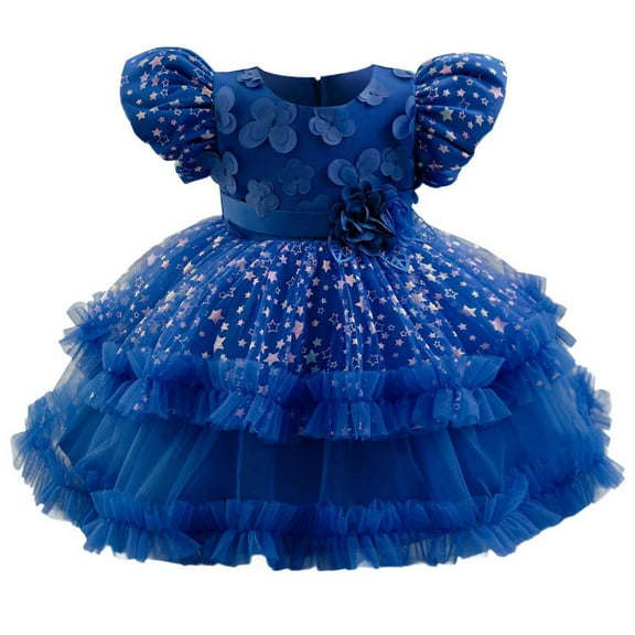 SERTG Little Girls' Party Dress Sheer Paneled Skirt with Back Zipper Short Sleeve Round Neck Princesse Outfit for 6 Months-4 Years(Blue,4 Years)