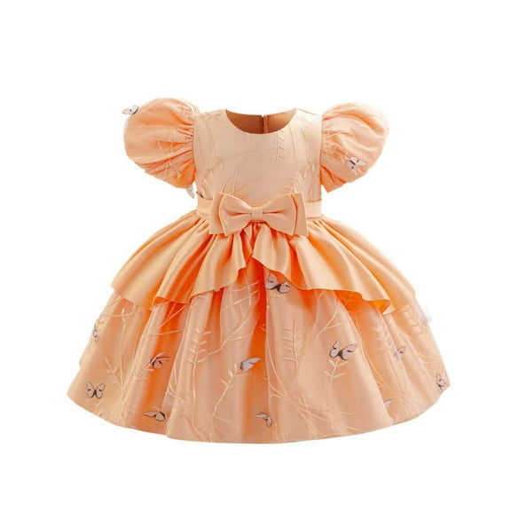 SERTG Little Girls' Party Dress Sheer Paneled Skirt with Back Zipper Short Sleeve Round Neck Princesse Outfit for 6 Months-4 Years(Orange,18 Months)