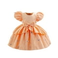 thumbnail image 1 of SERTG Little Girls' Party Dress Sheer Paneled Skirt with Back Zipper Short Sleeve Round Neck Princesse Outfit for 6 Months-4 Years(Orange,4 Years), 1 of 6