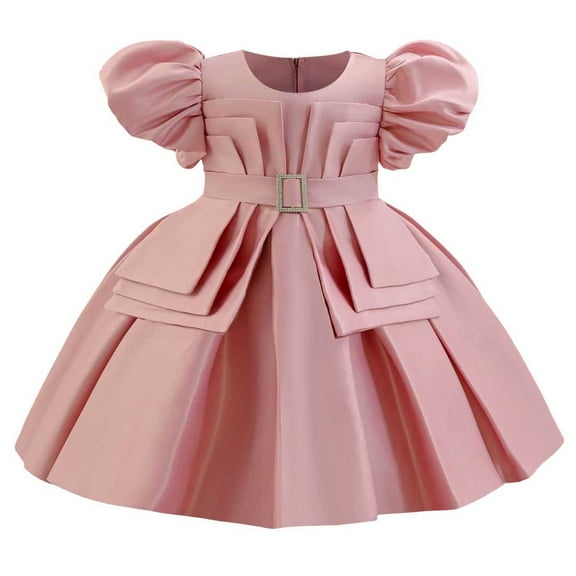 SERTG Little Girls' Party Dress Sheer Paneled Skirt with Back Zipper Short Sleeve Round Neck Princesse Outfit for 6 Months-4 Years(Pink,12 Months)