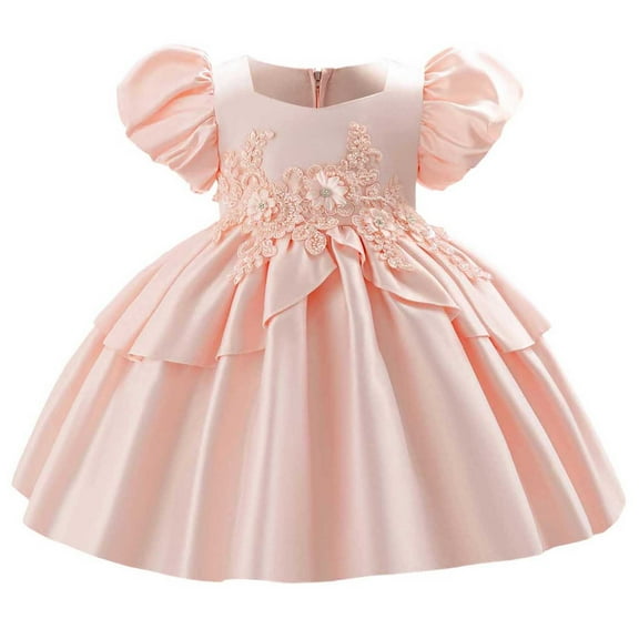 SERTG Little Girls' Party Dress Sheer Paneled Skirt with Back Zipper Short Sleeve Round Neck Princesse Outfit for 6 Months-4 Years(Pink,12 Months)