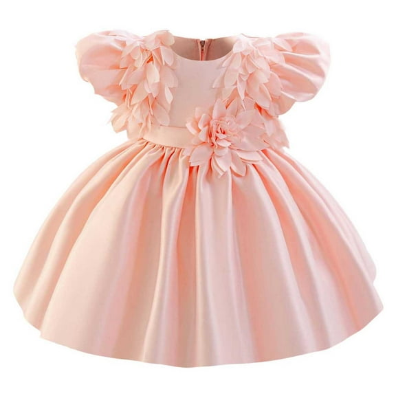 SERTG Little Girls' Party Dress Sheer Paneled Skirt with Back Zipper Short Sleeve Round Neck Princesse Outfit for 6 Months-4 Years(Pink,12 Months)