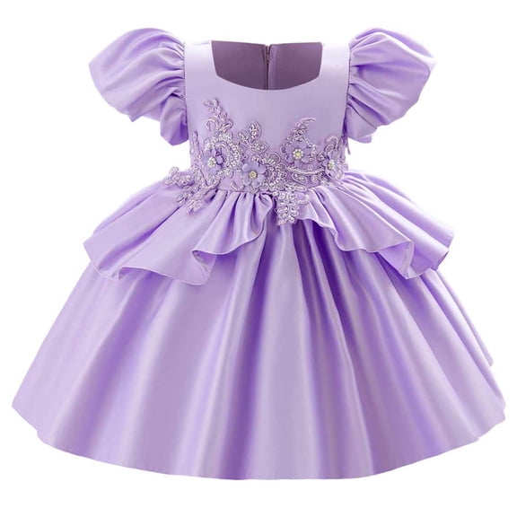 SERTG Little Girls' Party Dress Sheer Paneled Skirt with Back Zipper Short Sleeve Round Neck Princesse Outfit for 6 Months-4 Years(Purple,12 Months)