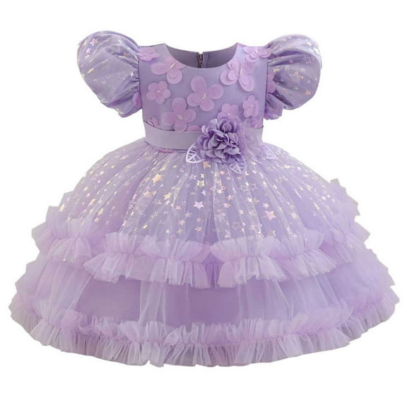 SERTG Little Girls' Party Dress Sheer Paneled Skirt with Back Zipper Short Sleeve Round Neck Princesse Outfit for 6 Months-4 Years(Purple,12 Months)