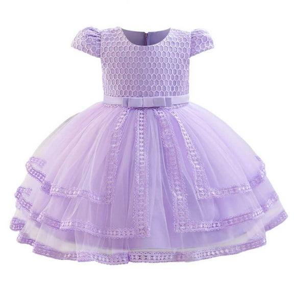 SERTG Little Girls' Party Dress Sheer Paneled Skirt with Back Zipper Short Sleeve Round Neck Princesse Outfit for 6 Months-4 Years(Purple,12 Months)