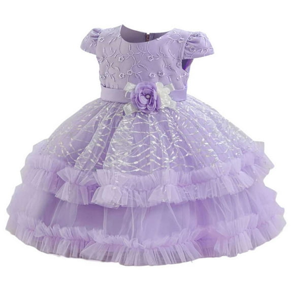 SERTG Little Girls' Party Dress Sheer Paneled Skirt with Back Zipper Short Sleeve Round Neck Princesse Outfit for 6 Months-4 Years(Purple,2 Years)